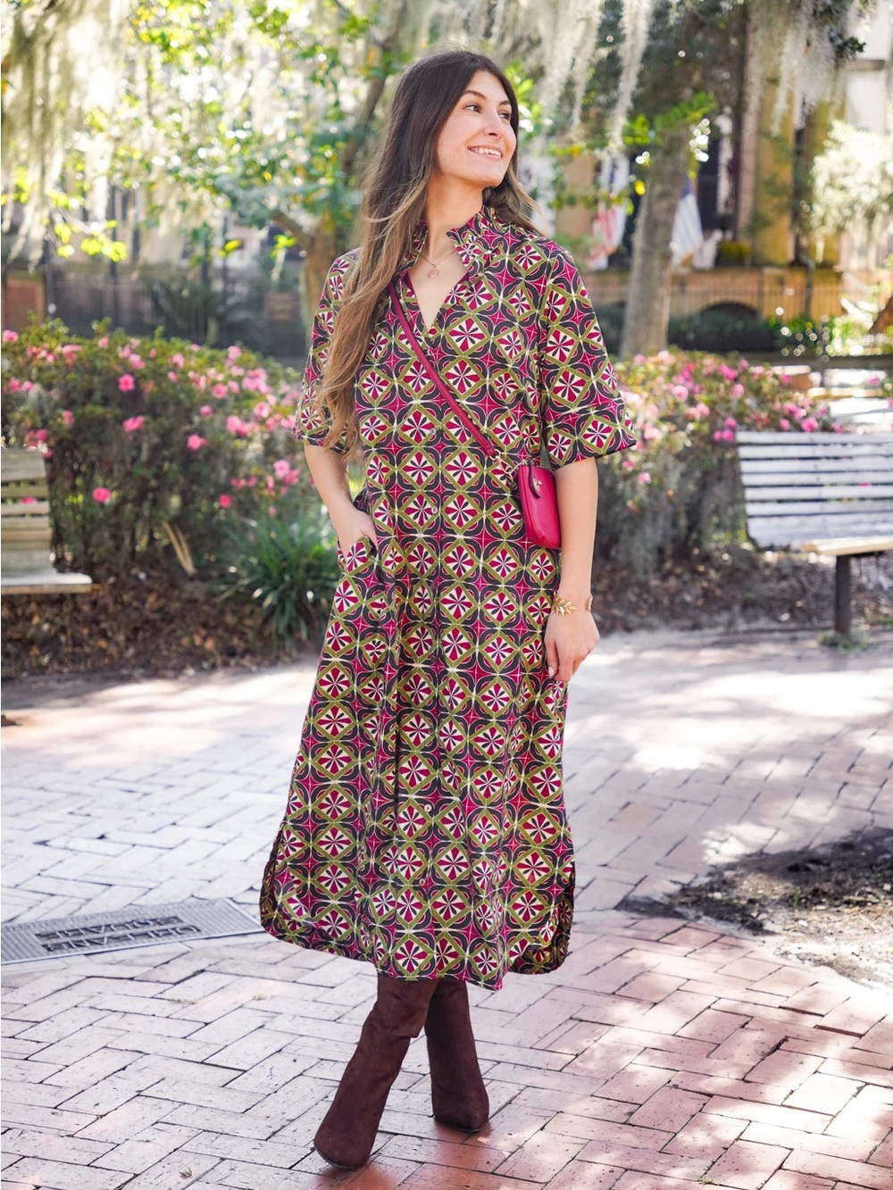 NWT Entro Geometric Print Midi Dress in Burgundy and Green Large